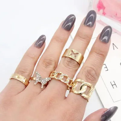 Crystal Butterfly Chain Finger Ring Set 